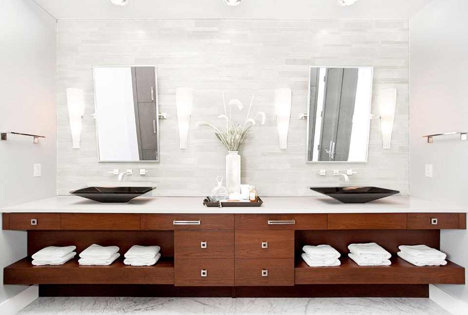 Norstone Lynia Tile in White Marble with light blended grout on a modern double vanity backsplash